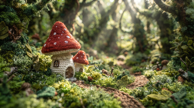 Cute crocheted mushroom house in magical mossy forest with sunlight