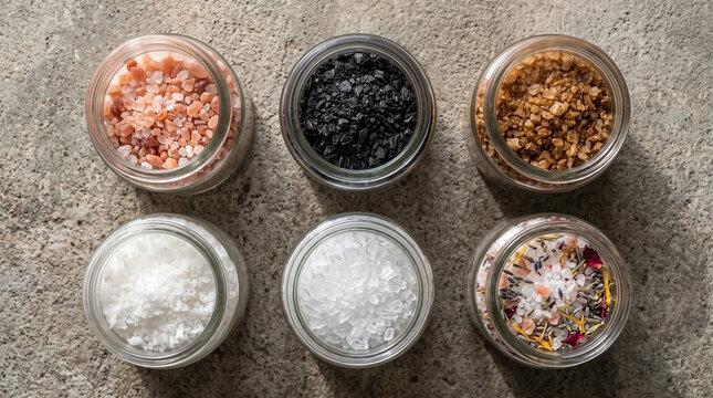Top view of glass jars with different colored bath salts on stone background