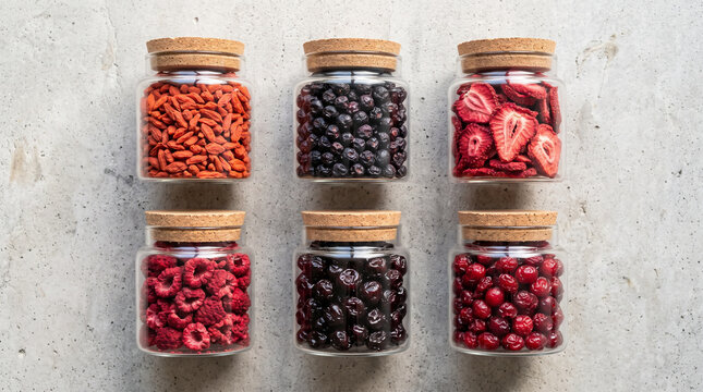 Top view of glass jars filled with assorted dried berries and superfoods on concrete