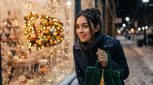 Happy young woman window shopping at christmas store display on snowy winter night