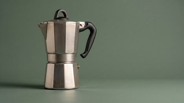 Classic Aluminum Moka Pot Espresso Maker Standing Against Soft Olive Green Wall AI-Generated