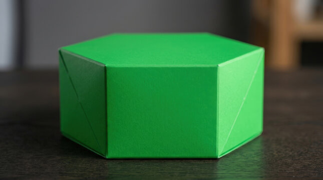Geometric green hexagon shaped box with clean edges placed on dark wood surface for luxury product storage or minimalist decor.