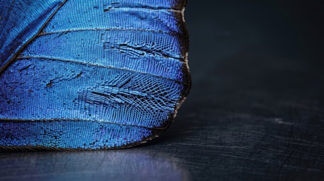 Ultra Macro Texture of Blue Morpho Butterfly Wing Scales on Dark Metal Surface AI-Generated