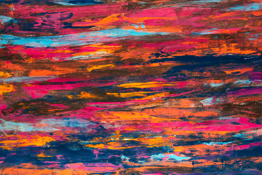 Vibrant brushstrokes swirl in bold reds, pinks, and deep blues. Textures blend with chaotic energy, evoking raw emotion. Abstract pattern bursts with warmth and intensity. Ideal for bold design