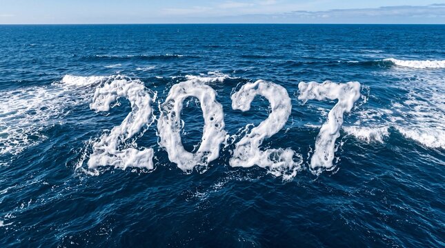 Numbers forming 2027 float atop dynamic deep blue ocean waves with scattered sea foam under bright sunlight.