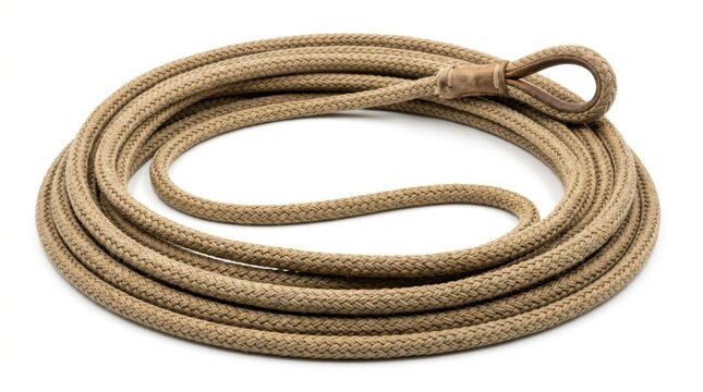 Coiled beige rope with a leather eye splice