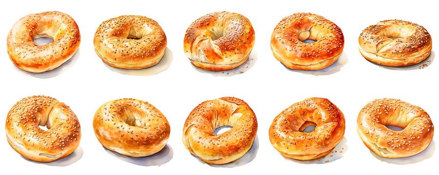 Watercolor painting of golden sesame bagels arranged in a row against a black background