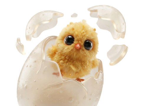 Cute yellow baby chick hatching from an egg isolated on transparent background