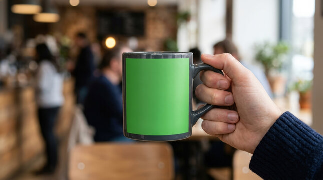 Grey mug with vibrant green insert held in cafe setting serves as clean branding space for coffee shop marketing promotion.