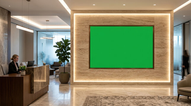 Large green screen canvas frame mounted on elegant stone marble wall in corporate reception area for brand showcase and messaging.