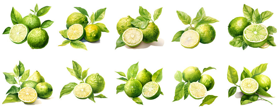 Collection of vibrant lime fruit with lush green leaves set against a black background