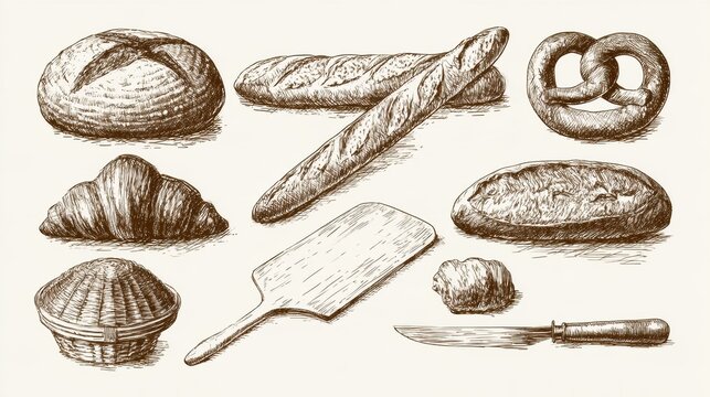 Hand drawn sketches of artisan breads like sourdough, baguette, pretzel, and croissant with baking tools.