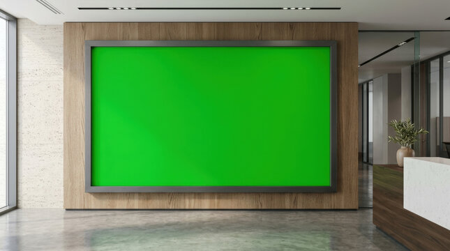 Large horizontal digital screen with vibrant green background mounted on wooden panel wall for office display marketing branding.