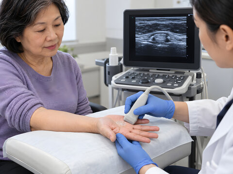 Older Asian woman undergoing focused ultrasound examination of the flexor tendon for persistent trigger finger symptoms