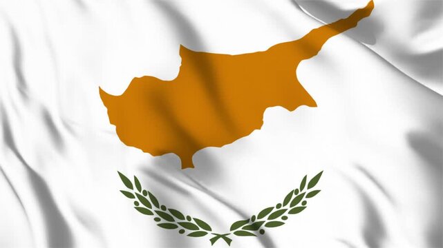 Waving Flag of Cyprus with Copper Colored Map Silhouette and Green Olive Branches Cypriot national