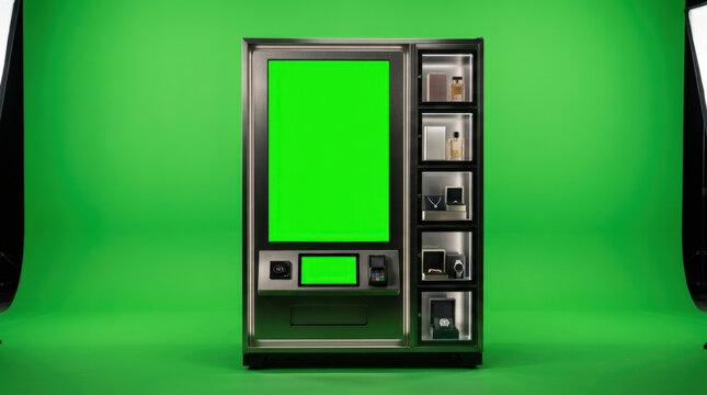 Modern luxury automated vending machine featuring green digital display screen for premium retail product placement advertising.