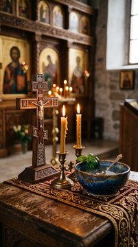 Orthodox Christian cross and candles in a church with icons in the background