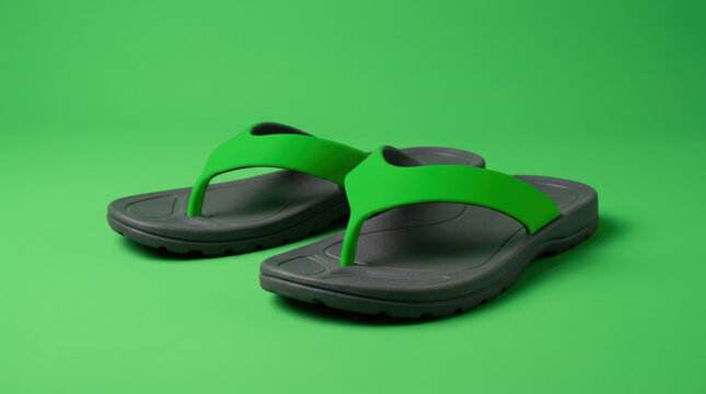 Pair of comfortable flip flops featuring green straps and gray soles resting on green background for summer beach vacation theme.