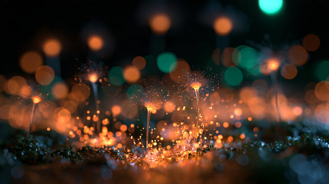 Glowing Bioluminescent Plants with Golden Sparkles and Bokeh