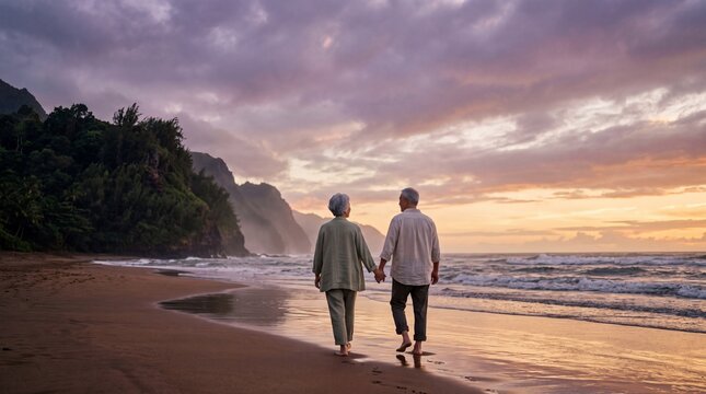 Senior Couple Walking Hand in Hand on Beach at Sunset