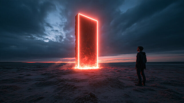 Sci-Fi Glowing Monolith Portal in Desert at Dusk