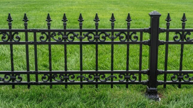 Black wrought iron fence with decorative finials installed on green grass lawn