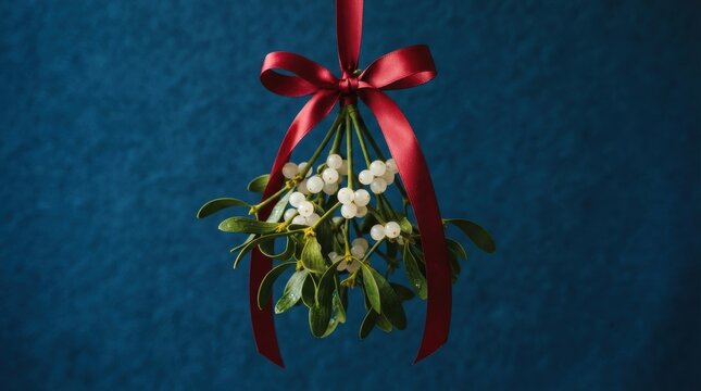 Mistletoe branch hanging with a red ribbon on a dark blue background