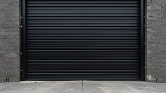 Black roller shutter door on a brick building exterior facade