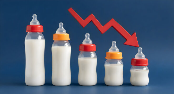 Five decreasing baby bottles with milk and a red downward trend arrow against a blue background.