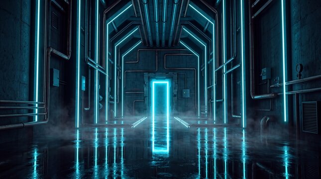 Futuristic Sci Fi Corridor with Glowing Neon Portal