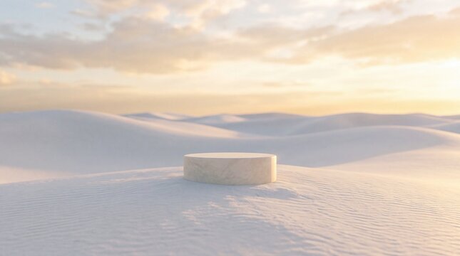 Round Stone Podium in White Sand Desert at Sunset