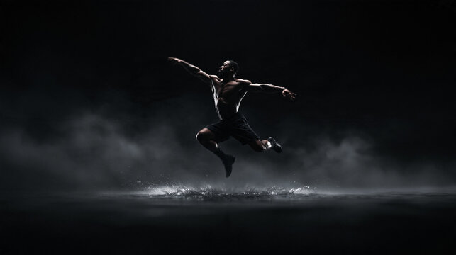 Athletic Man Jumping Over Water in Dramatic Light