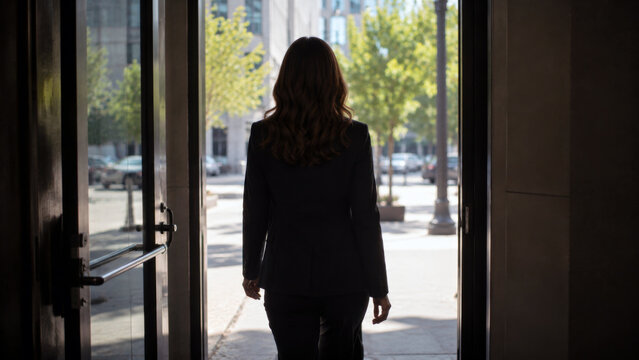 Businesswoman seen from behind walking out through an open doorway toward a bright city street