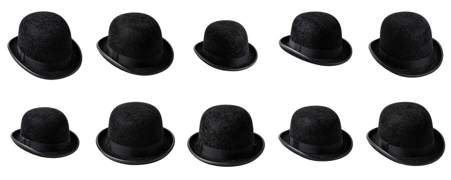 Arrangement of ten black bowler hats with ribbon on a solid black background