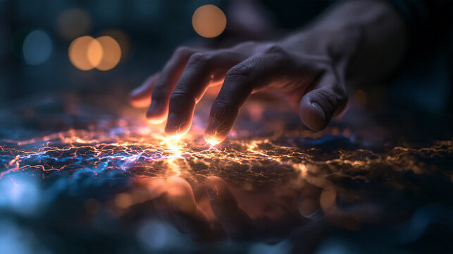 Hand Touching Glowing Digital Energy Surface with Electric Sparks