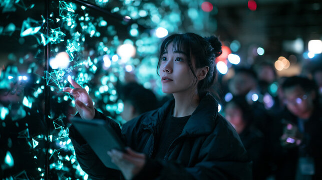Young Woman Interacting with Digital Light Installation