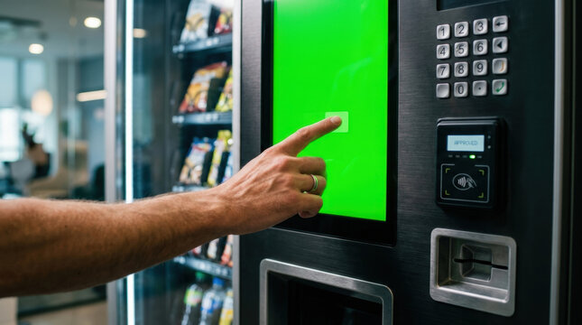 Vending machine user interface with blank green screen background for easy custom payment or selection menu app design mockup.