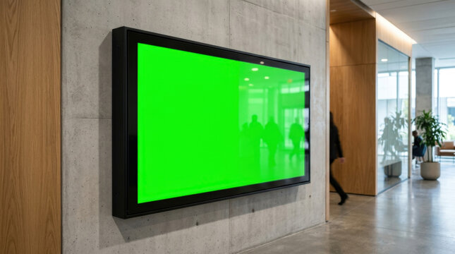 Wall mounted digital display screen featuring bright green chroma key surface in corporate office corridor for information broadcast.
