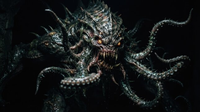 Fearsome alien monster with tentacles and sharp teeth in dark environment