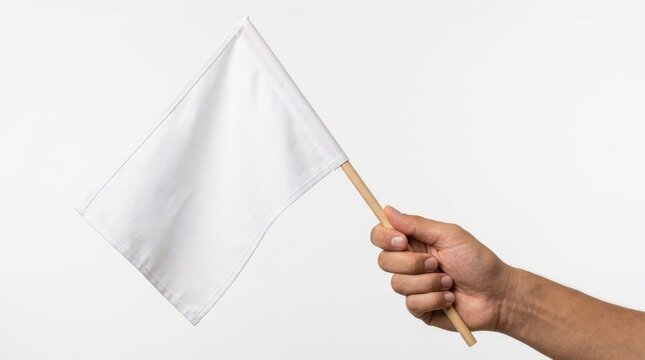 Person holding a small white flag on a wooden stick
