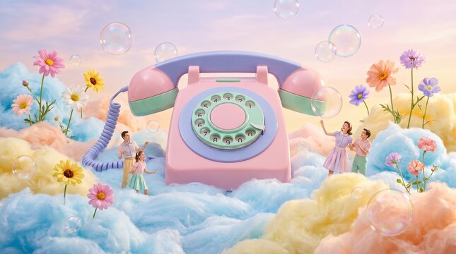 Surreal fantasy landscape with a giant pastel pink rotary telephone on cotton candy clouds with flowers and people
