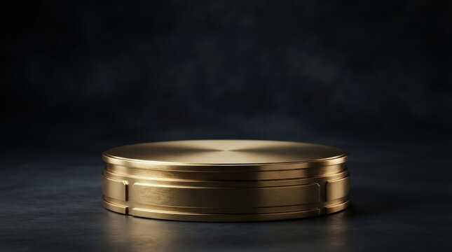 Metallic gold circular pedestal on a dark textured background