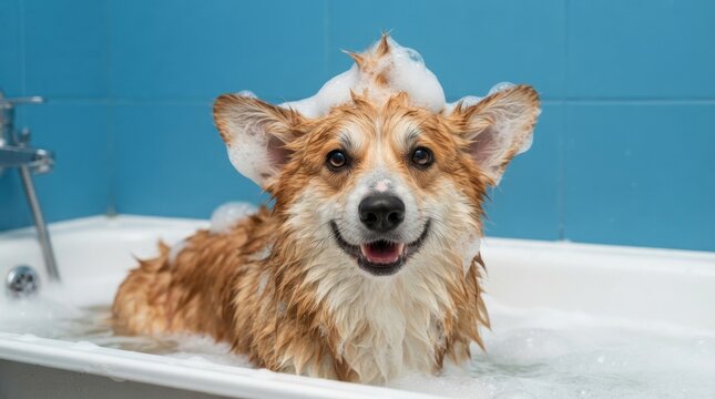 Corgi dog having a bath with soap suds in a bathtub