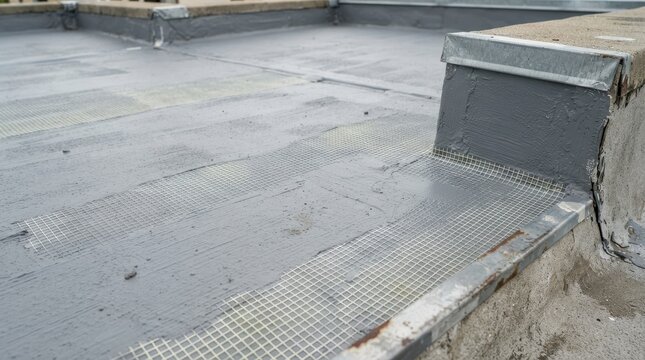 Flat roof waterproofing with liquid membrane and reinforcing mesh