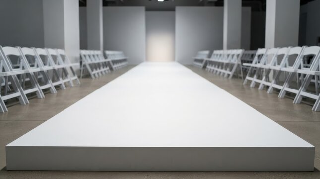 Empty fashion runway with rows of white chairs in a spacious hall