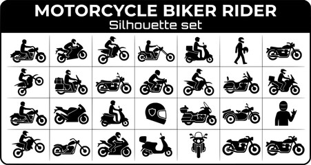 Fototapeta premium Motorcycle Biker Rider Silhouette Set Black White Transport Vector Isolated White Background 