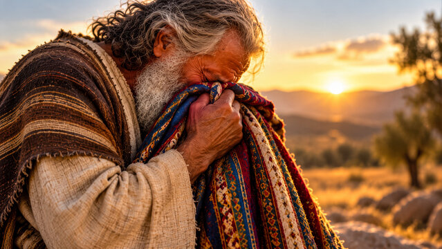 Jacob weeps, holding his son Joseph's robe in his hands.
