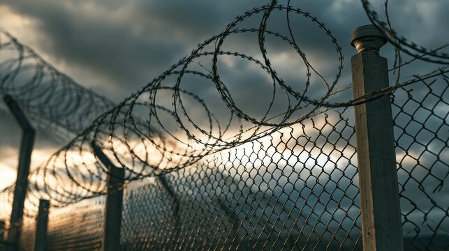 A restricted access area features high security concrete posts and mesh fencing with a surveillance camera on top, surrounded by barbed wire.