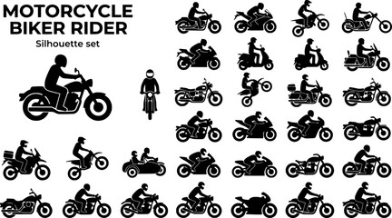 Fototapeta premium Motorcycle Biker Rider Silhouette Set Black White Transport Vector Isolated White Background 
