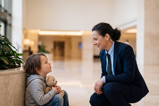 Hotel security guard comforting a lost child in a lobby